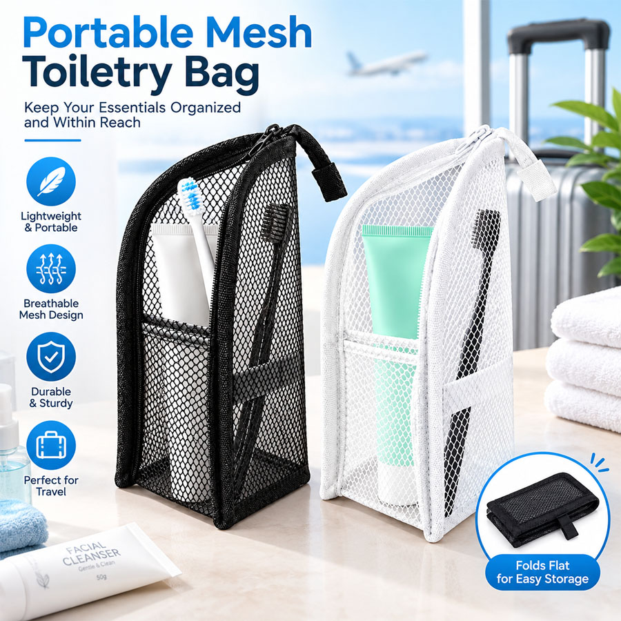 Travel Accessories Organizer Bag - กระเป๋าตาข่ายพกพาสำหรับใส่ของใช้ส่วนตัว 1 ชิ้น กระเป๋าจัดระเบียบแปรงสีฟันสำหรับเดินทาง กระเป๋าใส่แปรงแต่งหน้าและเครื่องสำอางอเนกประสงค์ สำหรับการเดินทางและการใช้งานในชีวิตประจำวัน